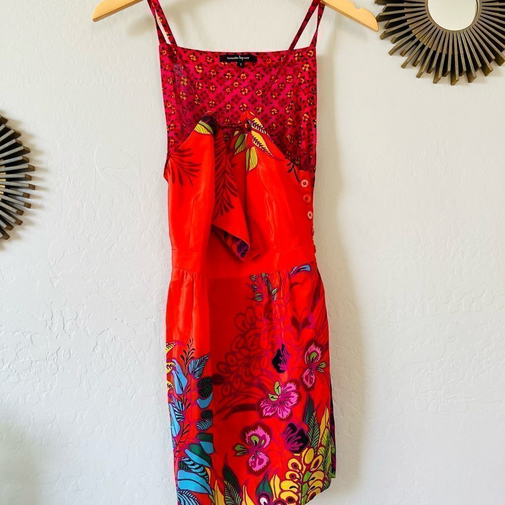 Nanette Lepore tunic apron tie tank NWOT 100% silk patterned tunic tank …